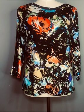 Rafaella Black Floral Abstract Long Sleeve Top with Multicolor Print Size M